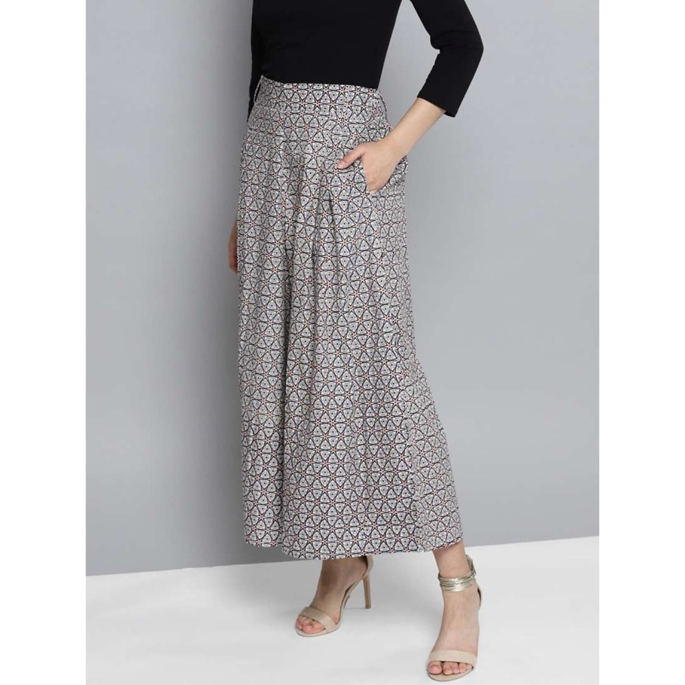 Label Ritu Kumar High Rise Flare Palazzo Cropped Pant Purple White Print M
